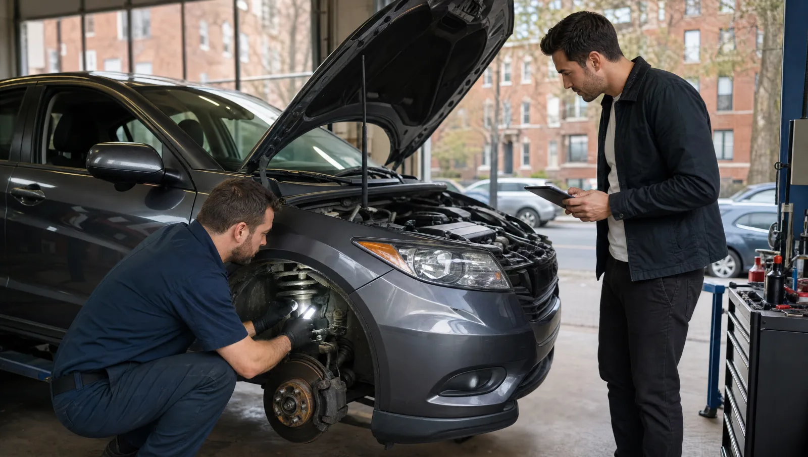 Mechanic performing a pre-purchase inspection on a used car for a buyer in a Chicago auto repair garage